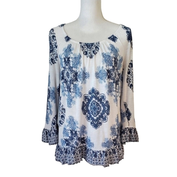 INC International Concepts Tops - INC International Concepts Blue White Boho Medallion Peasant Top 3/4 Sleeve Med